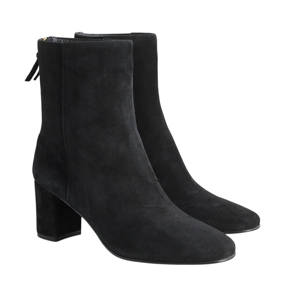 J. Crew Black Suede Ankle Boots Block Heel Rear Zip Almond Toe AQ747 FA20